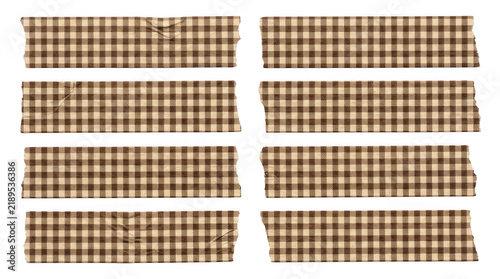 Set of brown gingham washi tape strips isolated on transparent background
