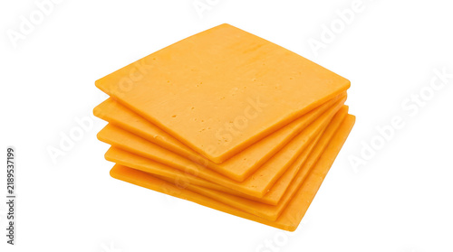 Stack of square slices of orange cheddar cheese isolated on transparent background