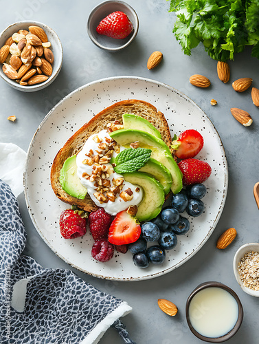 Healthy avocado toast with berries and nuts for a nutritious breakfast