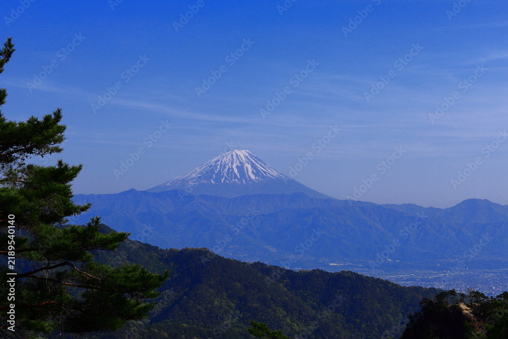 Fototapeta premium Mount Fuji Viewed from Shosenkyo Gorge in Yamanashi, Japan