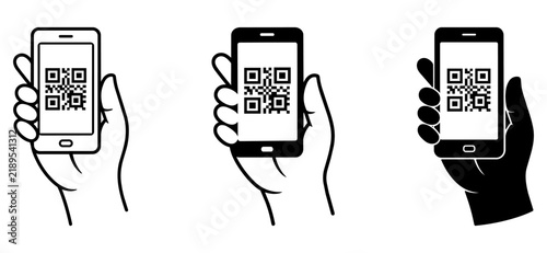 Qr code scanning with smartphone icons in various styles showing hands holding devices with matrix symbols on screens, including monochrome outline and silhouette forms for mobile interface design