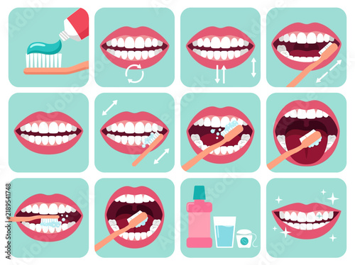 Dental Hygiene Brushing Guide Icons Set: Step-by-Step Teeth Cleaning Vector