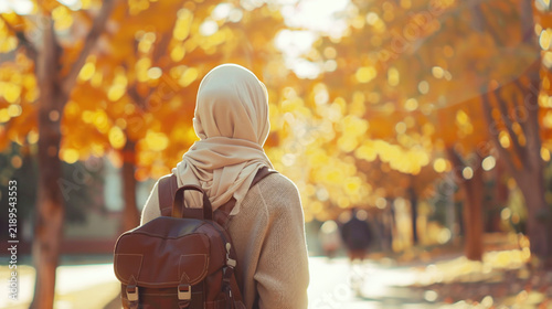 Rear view of a Muslim college student with a backpack walking in autumn park