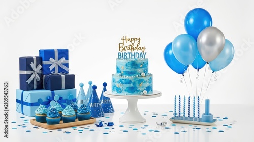 Blue birthday party celebration set, tiered cake with happy birthday topper, festive balloons and gift boxes on white background
