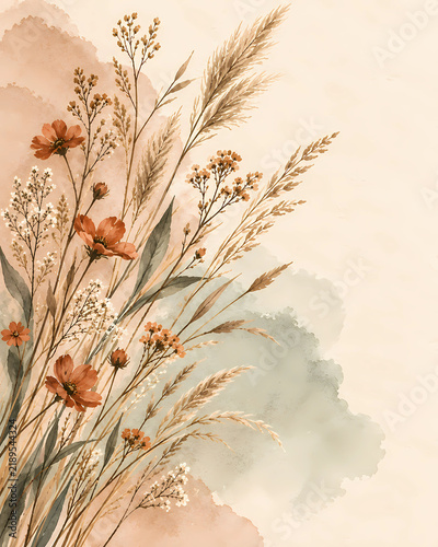 Minimalist Watercolor Meadow Flowers and Dried Grasses on Handmade Paper