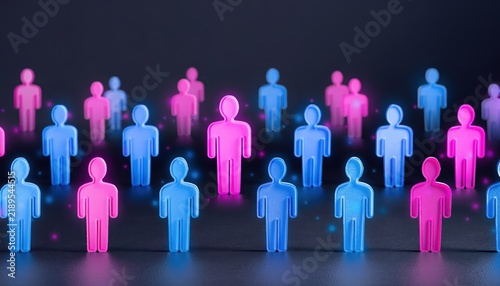 Digital illustration of blue and pink human figures representing gender diversity on a dark background.