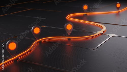 Glowing location markers connected by a bright path on a dark, futuristic grid map concept.