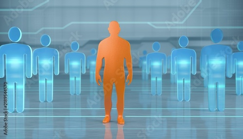 Human figure highlighted in orange among blue figures, symbolizing uniqueness or leadership in a digital network.
