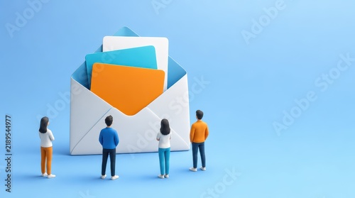 Four people looking at a large open envelope with colorful documents inside on a blue background.