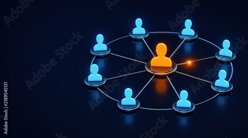 Glowing central figure connected to multiple surrounding figures, symbolizing networking and leadership.