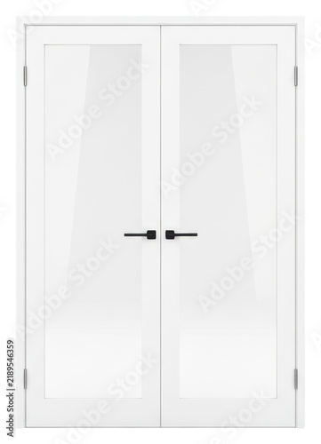 A modern white aluminum French double door with full-length glass panels and dark lever handles, isolated on a transparent studio background, concept of modern minimalist architecture