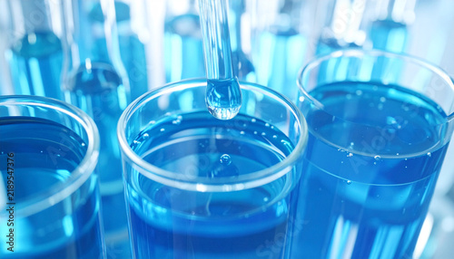 Chemical Reaction: A close-up view of laboratory glassware filled with vibrant blue liquid, with a pipette dripping more liquid into a test tube.