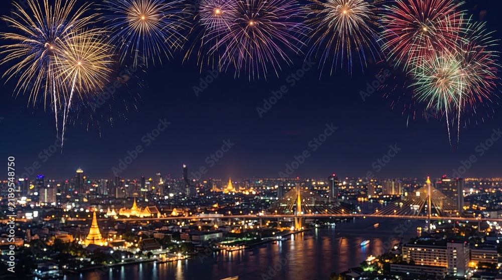 Obraz premium Spectacular fireworks display illuminating a vibrant cityscape at night with water reflections