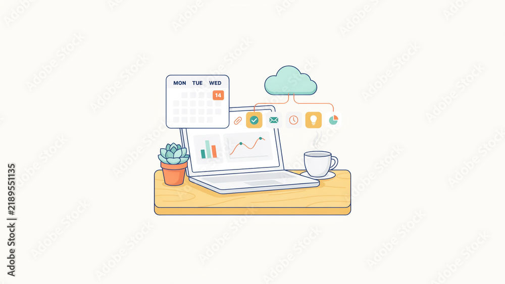 Fototapeta premium Illustration of workspace setup with laptop displaying calendar and productivity apps connected to cloud storage