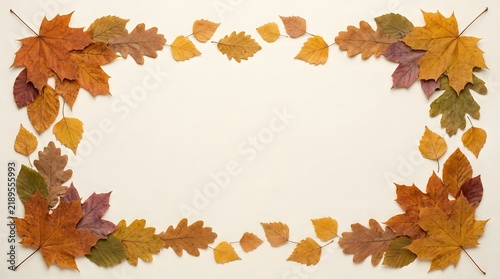 Decorative frame made of colorful autumn leaves on a light beige background with copy space