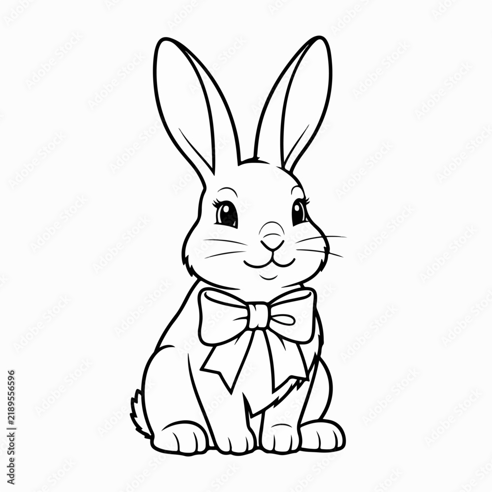 Fototapeta premium Cute Sitting Easter Bunny with Large Ribbon Bow Tie Black Line Art Vector Illustration Rabbit Character Outline Spring Holiday Coloring Page Graphic Element Isolated Plain White Background Lineart