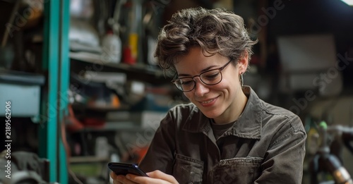 Woman using phone in workshop with short hair and glasses looking at the screen smiling