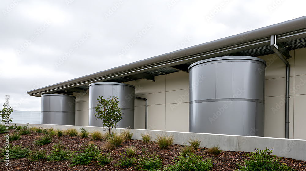 Fototapeta premium Industrial building exterior featuring large metal storage tanks and modern architecture under a cloudy sky in a commercial park setting
