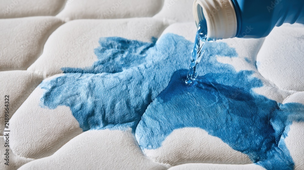 Obraz premium Liquid blue water spilled on white quilted fabric surface with textured pattern close-up for cleaning or stain concept