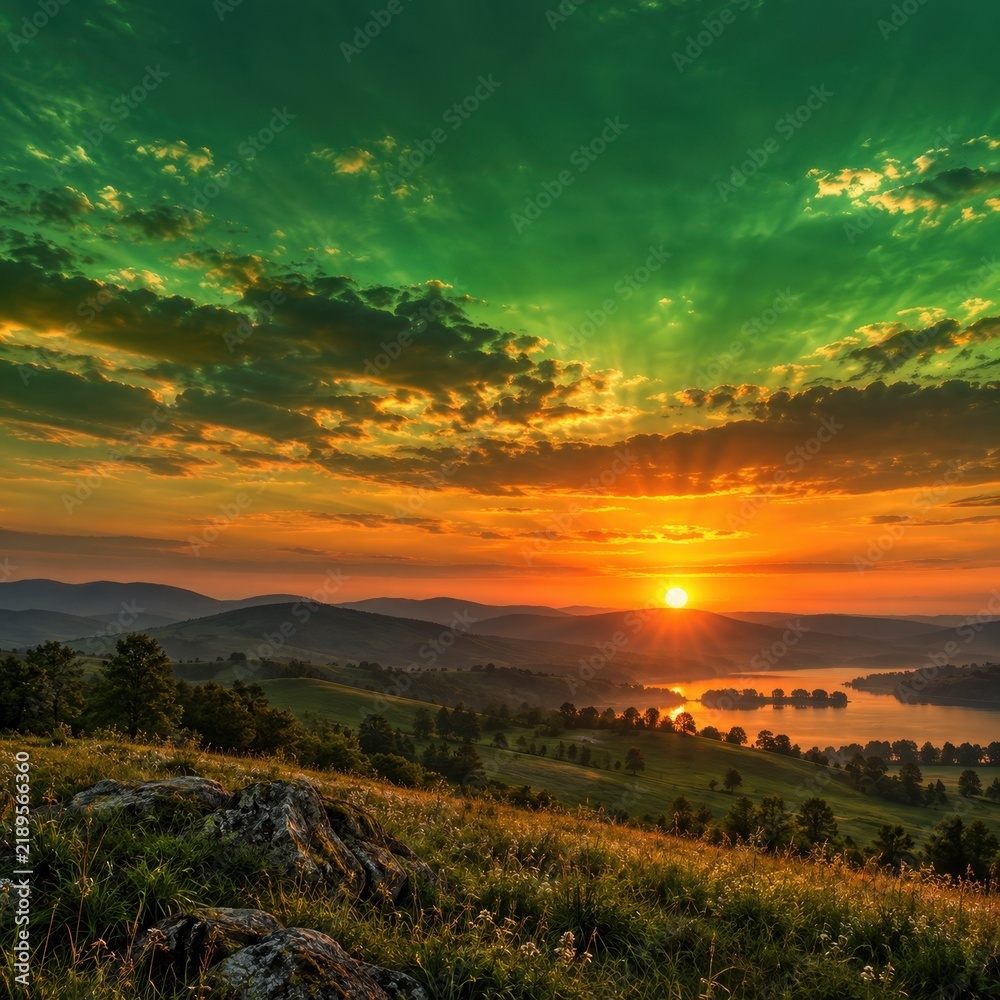 Fototapeta premium Golden sunset over hills beneath a dramatic green sky