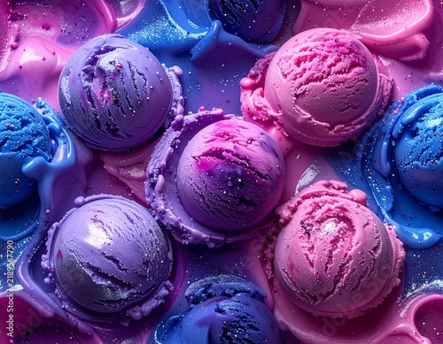 Seamless Cosmic Galaxy Ice Cream Texture, Purple Blue Pink Glittery Scoops Background