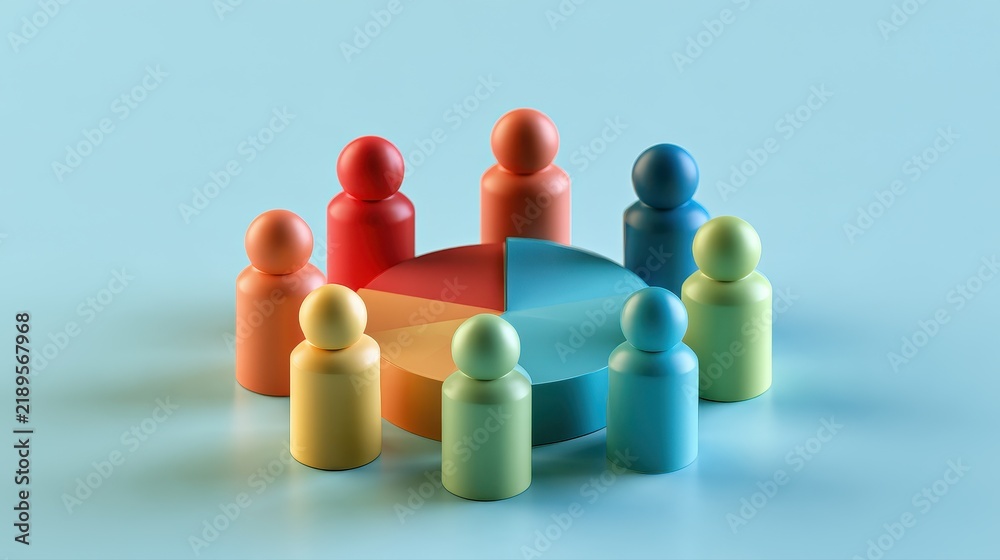 Obraz premium Market segmentation colorful customer groups demographic analysis audience targeting consumer behavior business strategy data visualization flat design front view marketing analytics theme 3D render.