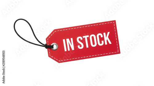 Red tag with in stock text isolated on transparent background