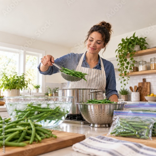 Woman blanching green beans in a home kitchen