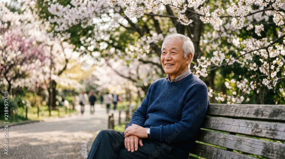 Fototapeta premium Elderly Asian Man Sitting on Park Bench Under Cherry Blossoms.