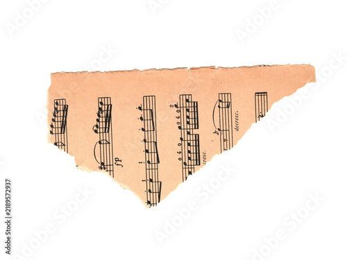 Scrap of old music sheet, vintage parchment ripped paper with notes isolated for design. Aged paper color. PNG