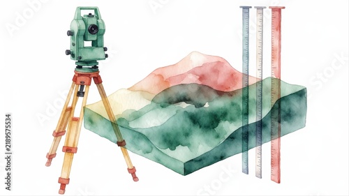 Watercolor Illustration of Surveying Equipment and Mountain Landscape Model