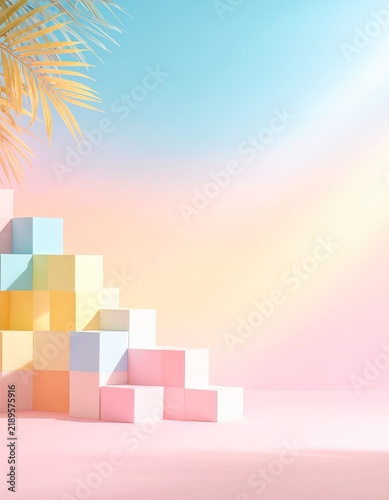a palm tree with colorful cubes in the background