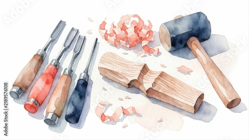 Carving wood with gouges and hammer, wood shavings, woodworking tools, craft project