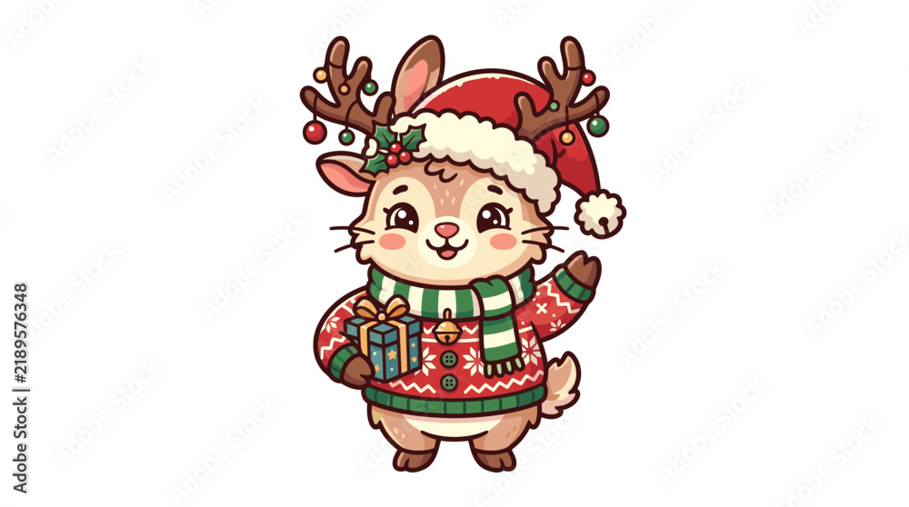 Fototapeta premium Cute Cartoon Bunny Reindeer Christmas Character
