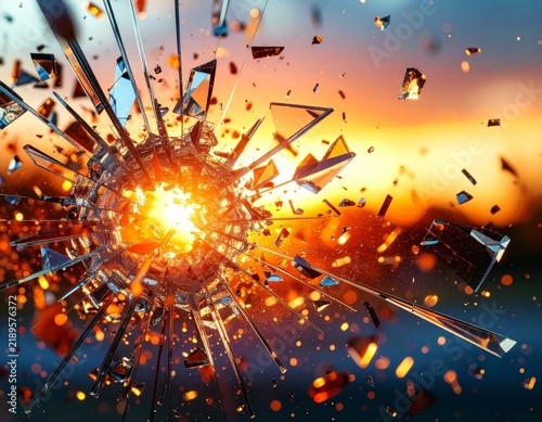a shattered glass window with a bright orange light