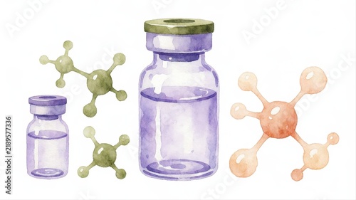 Watercolor Illustration of Laboratory Glass Bottles and Molecular Models