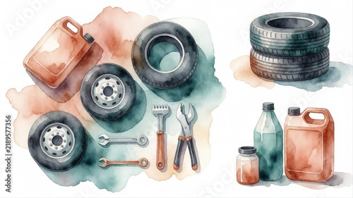 Watercolor Illustration of Car Tires Car Parts and Auto Repair Supplies