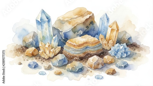 Collection of Various Crystals and Geological Specimens in Watercolor Style