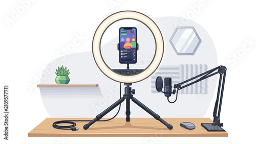 Video podcast or streaming recording studio setup with smartphone, ring light and microphone on a desk vector illustration