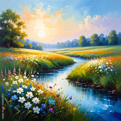 beautiful landscape with flowers and river