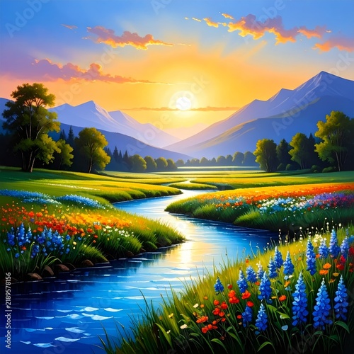 beautiful landscape with flowers and river