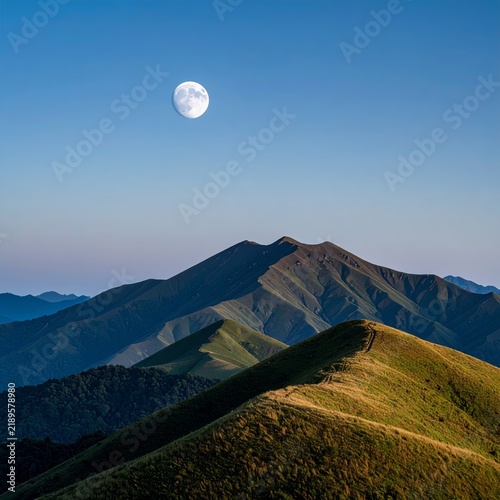 the moon rising over the mountains in the distance