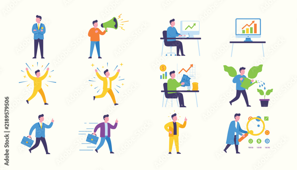 Fototapeta premium Collection of business avatar icons showing a professional man in various career situations, tasks, and emotional states.