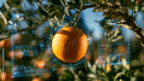 Close-up of fresh orange hanging on tree branch with digital futuristic technology interface overlay in orchard sunlight
