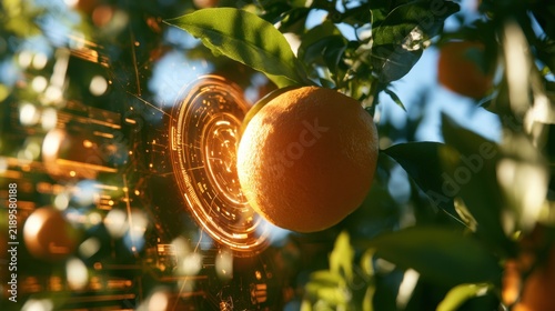 Close up of fresh orange hanging on tree branches with futuristic digital interface and glowing technology elements in nature orchard setting