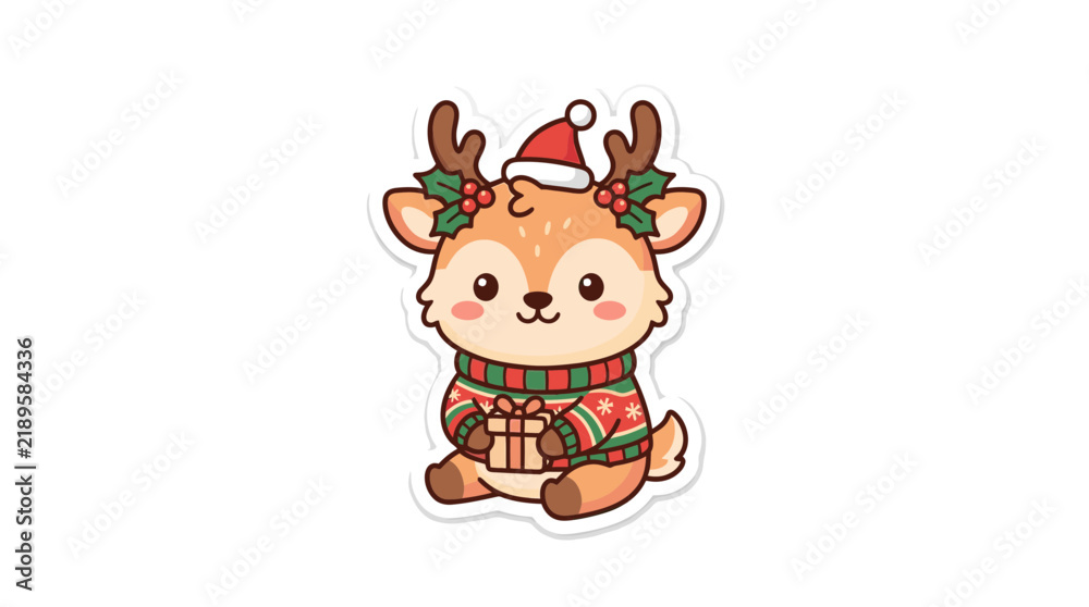 Fototapeta premium Cute cartoon reindeer with gift and Santa hat, festive sweater