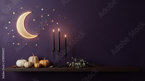 A mystical scene with a crescent moon and stars adorning a dark purple wall, with pumpkins, candles, and dried leaves on a shelf below. Evokes a sense of autumnal magic and the approach of night