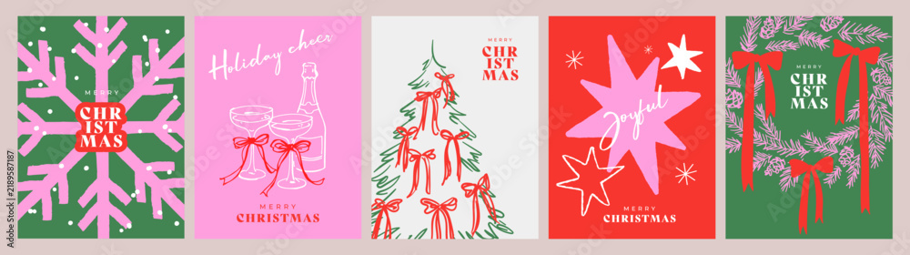 Obraz premium Playful Christmas card set with charming hand-drawn Christmas tree, wreath, champagne glasses, snowflakes, stars and red bows. Holiday designs for greeting cards, posters, covers and seasonal print.