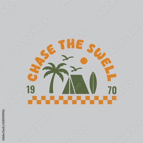 Retro surf badges with palm tree, sun, tent, surfboard, perfect for tshirt or other uses