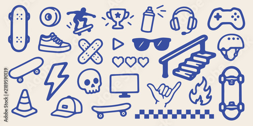 Cool skateboard and gaming doodle vector set for stickers, t-shirts, posters, and other uses.